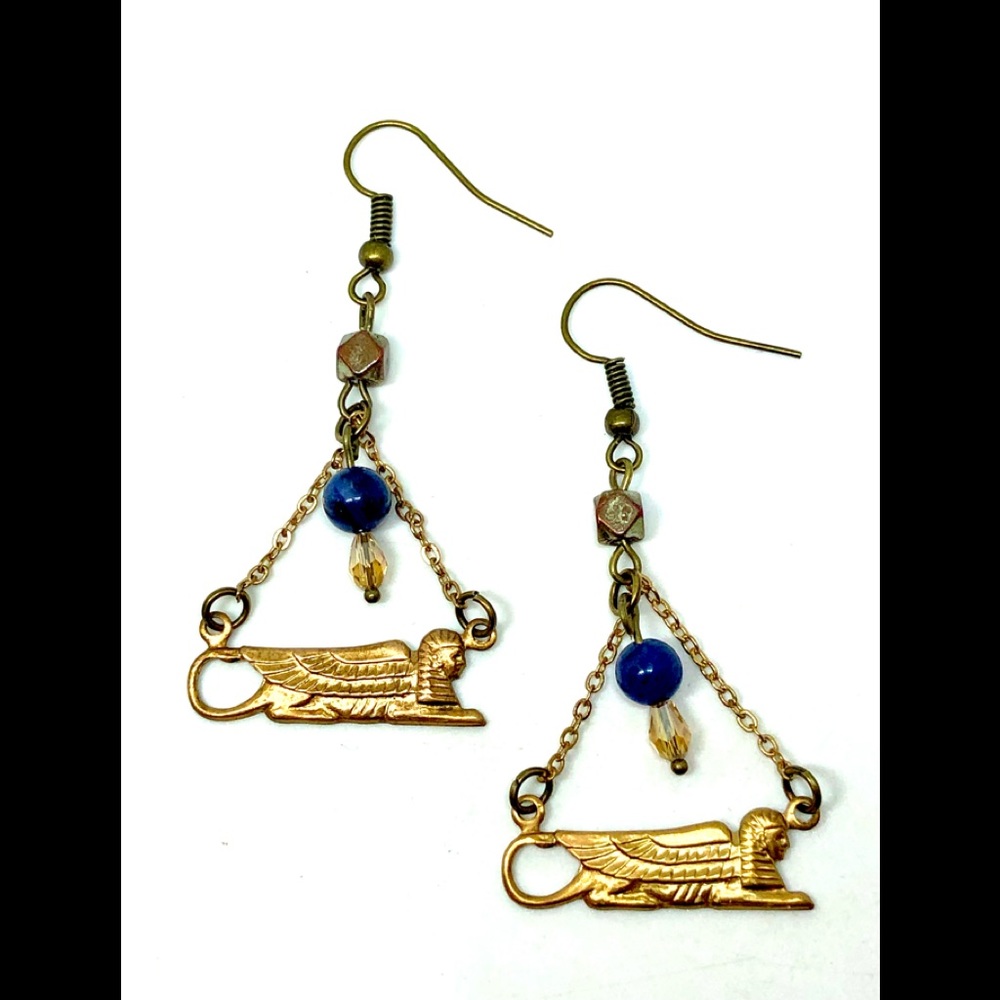 Egyptian Sphinx Brass Stamping Blue Stone Gold Crystal Trapeze Style Earrings